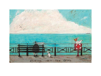 A man in a dark coat sits on a bench by the seaside. His white dog sits next to him on the ground. A pelican sits on top of a life preserver station.
