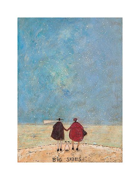 A man in a brown coat holds hands with a woman in a red coat. Their white dog sits between them. They stand together on a sandy shore under a star covered sky.