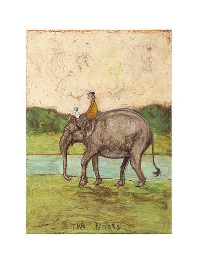 A man and his dog ride an Asian elephant along a river. The man wears a mustard coat with a long brimmed hat. His dog is white with black ears.