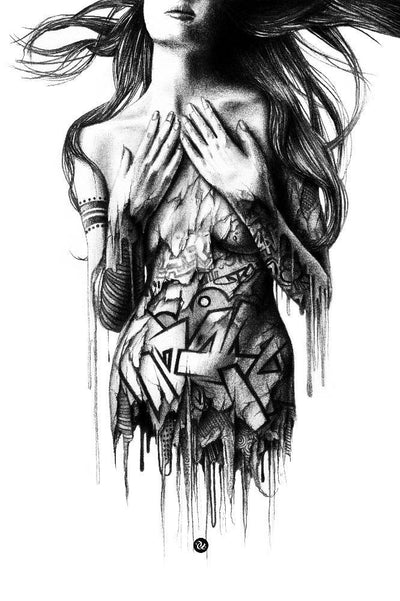 A black and white illustration. A nude woman with graffiti-like tattoos. Her hands cover her chest. She is disintegrating, and is missing her lower half. Strange shapes hang loose from inside her. Set on a white background.