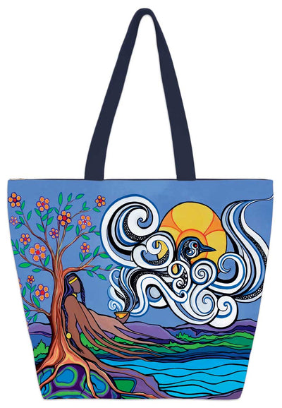 An Indigenous person sits under a blooming tree as they hold out a small bowl in their hand. Smoke billows out from the bowl, a loon with a halo emerging from it. A lake sits below. Set on a tote bag.
