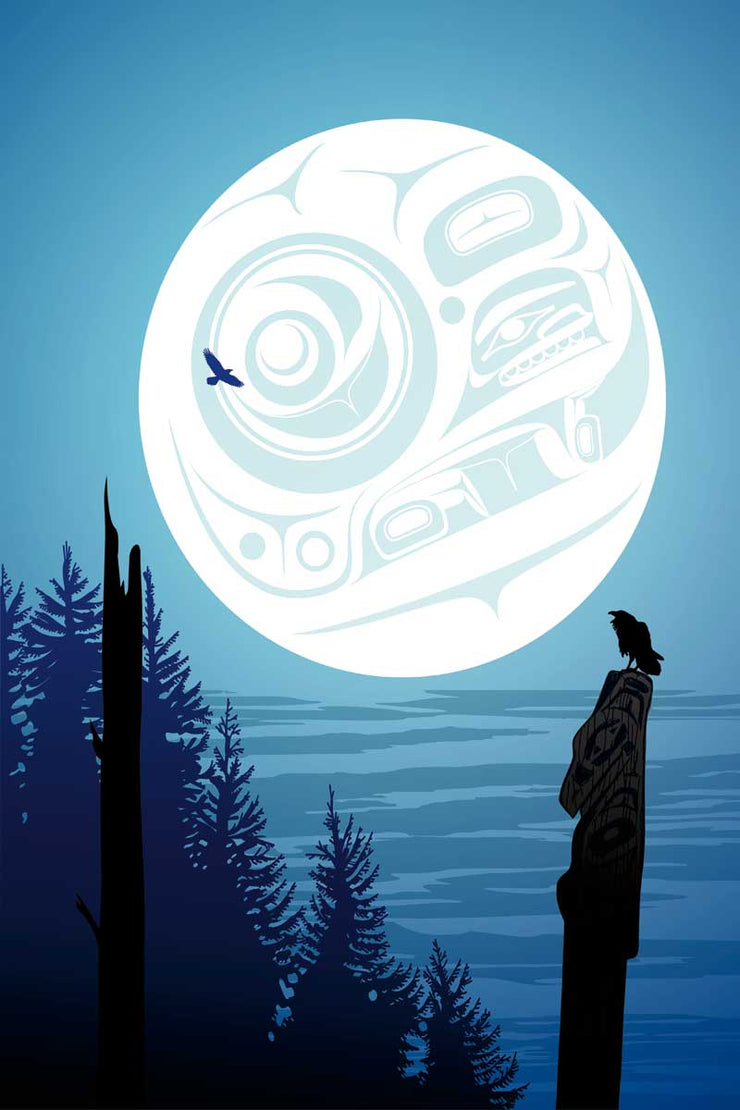 The moon is bright against the blue night sky. A raven flies against the moon, another raven roosting atop of totem pole. Trees are silhouetted in the background.