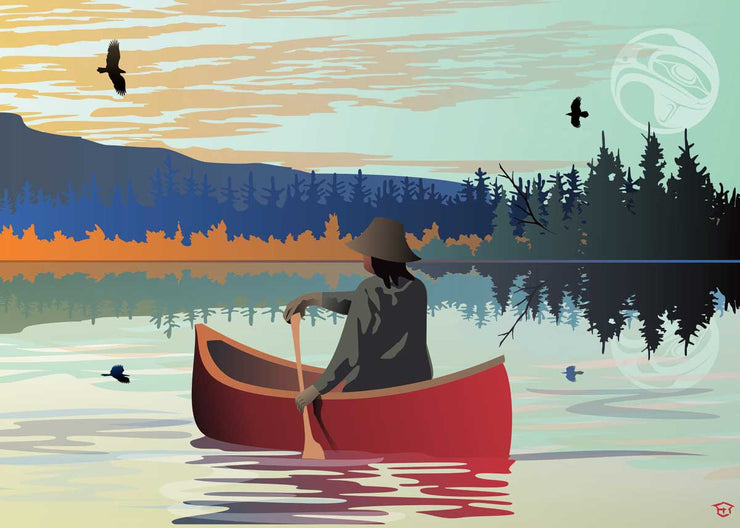 An Indigenous person in a hat paddles through a lake in a red canoe. Trees line the edge of the lake. Birds soar in the sky, the moon faint in the pale sky.
