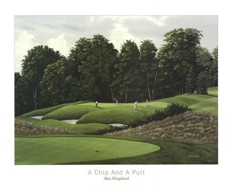 Golfers on green hills, sand traps hidden by the hills. Dark trees tower in the background.