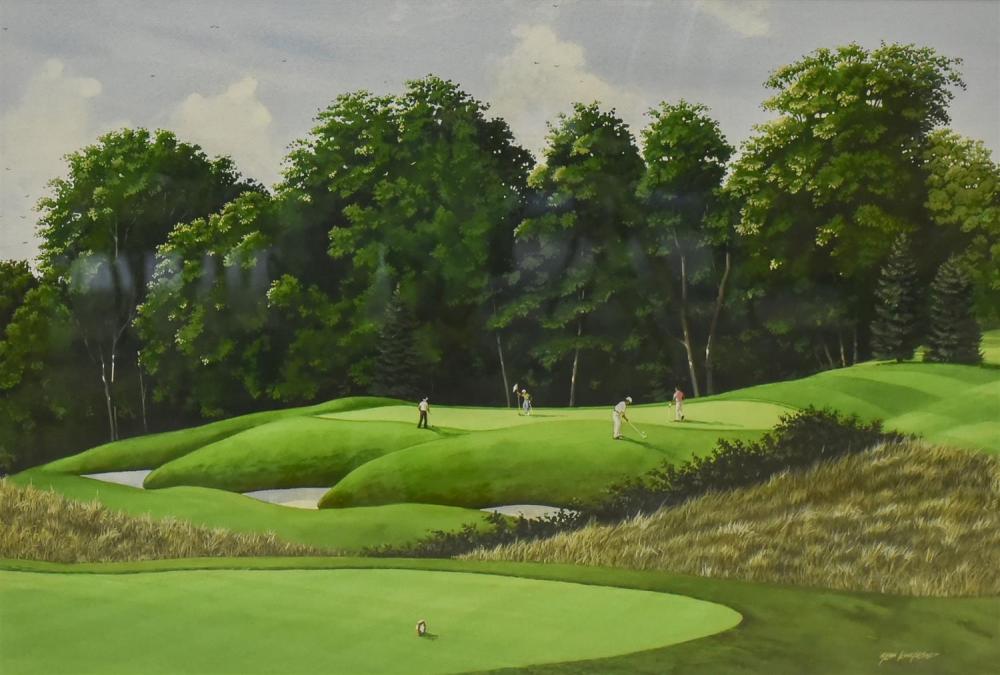 Golfers on green hills, sand traps hidden by the hills. Dark trees tower in the background.