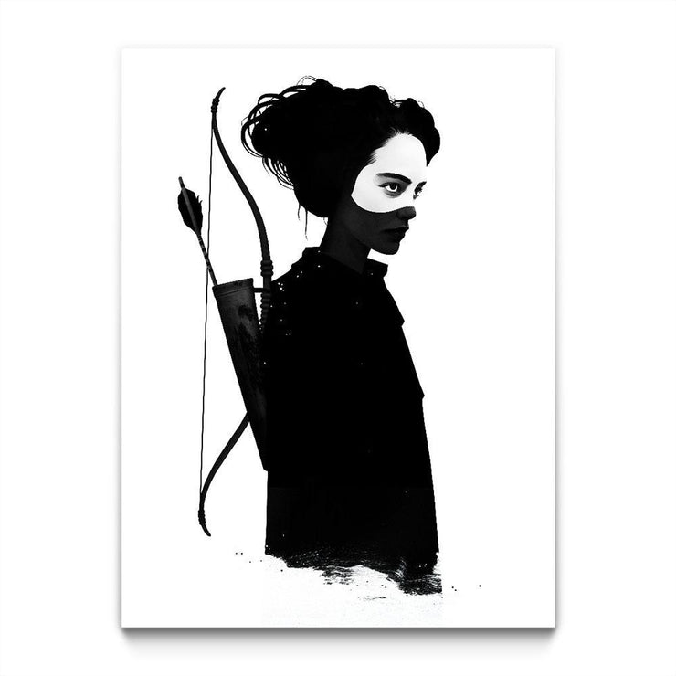 A black and white illustration. A pale, young woman silhouetted except for her eyes and forehead. She has her hair tied back, and carries a bow and a quiver with one arrow in it. She is on a white background.