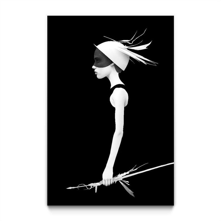 A black and white illustration. A pale person looks to the left on a black background. They wear a black tank top. A black veil covers their eyes. They wear a white helmet with feathers and twigs. They hold an arrow,