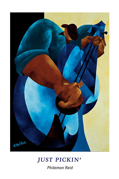 A cubist print of a black blues musician playing a blue guitar or bass. The musician is also dressed in blue.