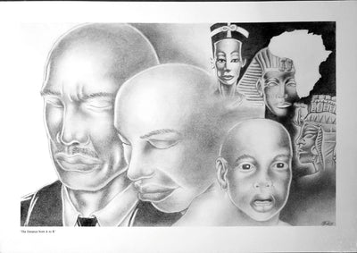 black and white illustration. From left to right: the head of a bald, black man with a moustache in a suit. Next to him the bald head of a black woman. A depiction of an Egyptian pharaoh and Egyptian burial mask next to the continent of Africa. A hieroglyphic face. the head of a small black boy with his mouth slightly open next to the heads of the other people.