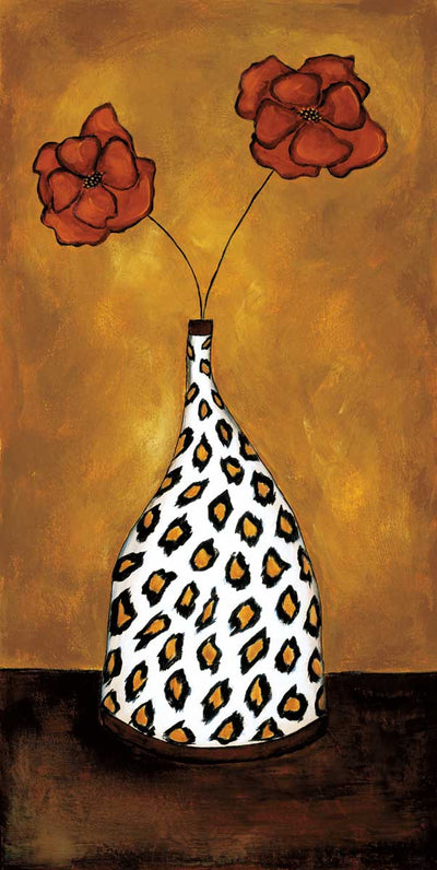 Two red flowers in a white vase with leopard spots. Set on a brown surface against an amber background.