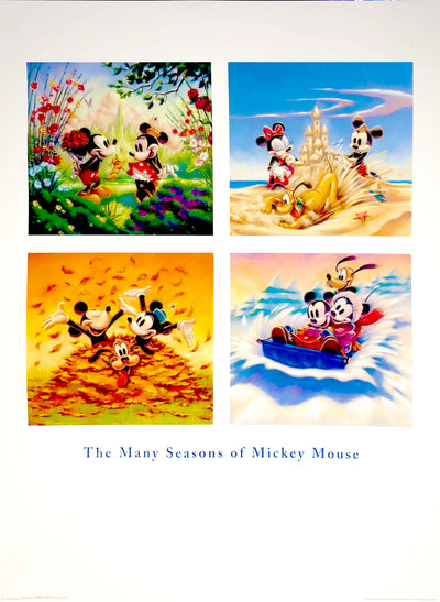 Four square illustrations of Mickey and Minnie Mouse with their dog Pluto. First image he gives her flowers in a meadow, Pluto playing in the background. Second image Pluto digs into the beach by their sand castle. Third image the three characters play in a pile of autumn leaves. Fourth image they sled down a snowy hill.