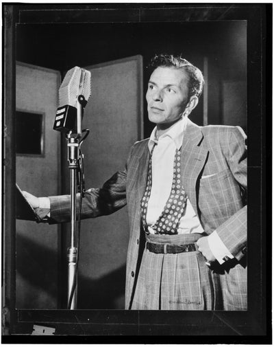 Black and white portrait of Frank Sinatra at Liederkrantz Hall in New York City, N.Y. (1947).