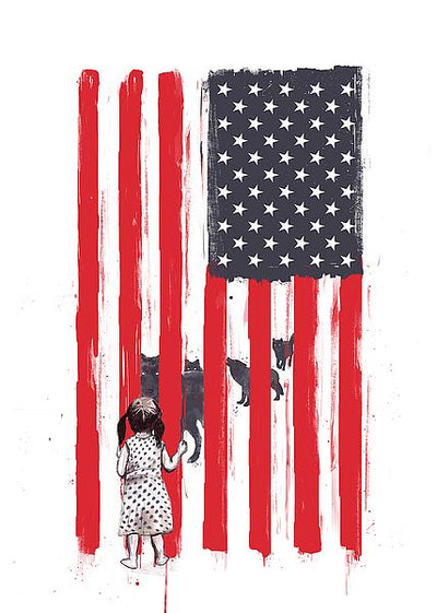 A little girl stands in front of an American flag. On the other side of the red bars are a pack of wolves. one looking directly at the girl.