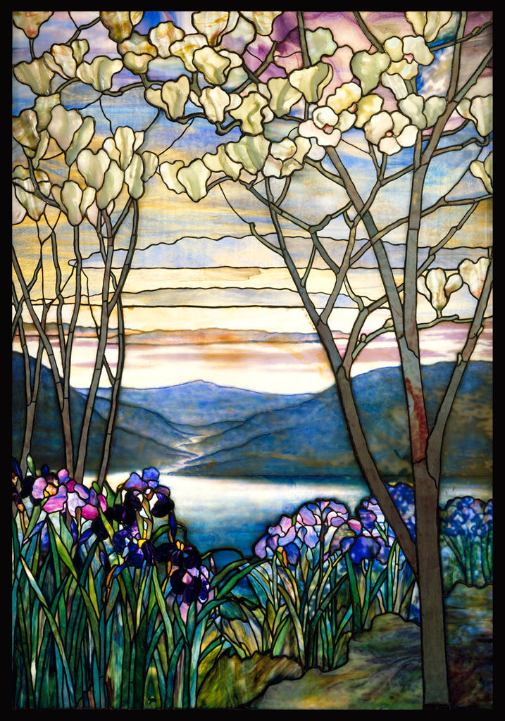 A stain glass of flowers and blooming trees overlooking a valley.