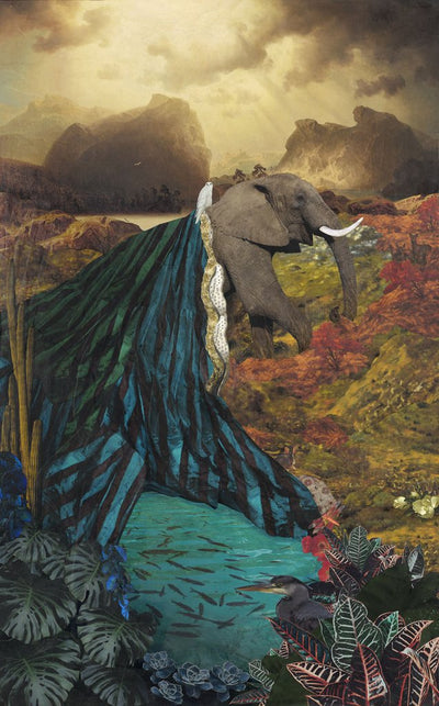 An African elephant wears a long, blue robe. At the end of the robe is a pool of water with fishes and a blue hero at the edge of it. They stand against a lush, green background with dark mountains in the distance.