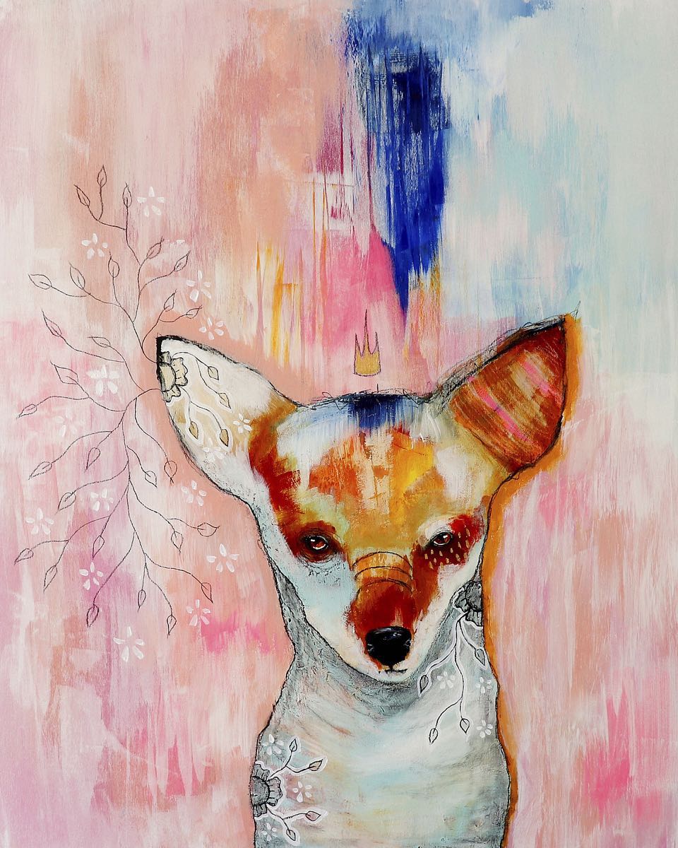 "The Secret Hermit fine art print - New Tricks Discovered, a fox with a small crown floating above its head set against a soft pink abstract background, charming and expressive"