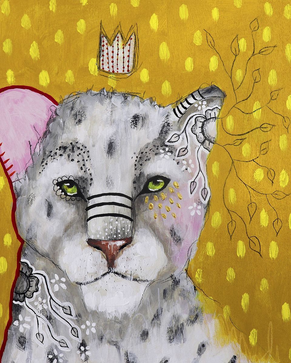 The Secret Hermit fine art print - Shine Brightly, a snow leopard with a small crown floating above its head set against a vibrant yellow-gold spotted background, regal and expressive.