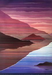   A series of coloured lines make up the landscape of mountains by a river, the mountains reflected in the water. A red haze seems to cover the mountains.