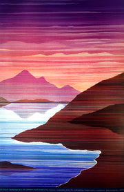   A series of coloured lines make up the landscape of mountains by a river, the mountains reflected in the water. A red haze seems to cover the mountains.
