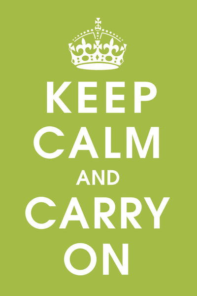 A lime green poster with white letters. Reads: Keep Calm and Carry On. A white crown floats over the words.