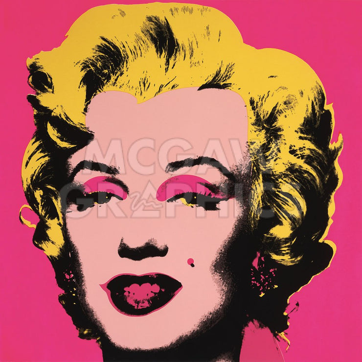 A pink Marilyn Monroe on a hot pink background. She has yellow hair and hot pink eye shadow, mole, and mouth. Her eyes are yellow. Only her head is shown.
