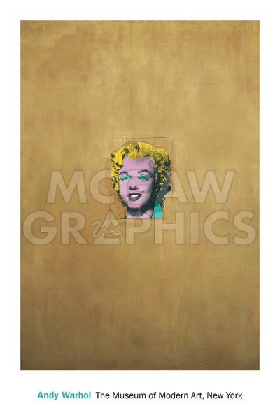 Any Warhol. A gold background with the pink head of Marilyn Monroe in the centre. She has yellow hair and turquoise eyeshadow and earrings.   Dimensions: 24" x 36" paper / 20.5" x 30" image  Supplied by McGaw Graphics.