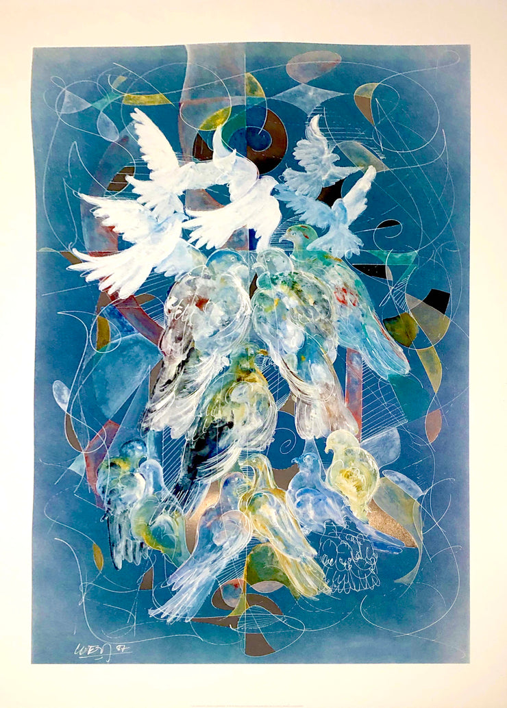 An abstract image on a blue background. The shape is made up of different colours and transparencies of doves, silver decals found in some of the gaps between the birds. Abstract shapes and lines can be seen behind the mass of birds.