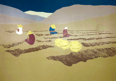 Women in sun hats appear to be sewing a brown material in a yellow valley overlooked by low mountains/hills.  Dimensions: 21" x 16"