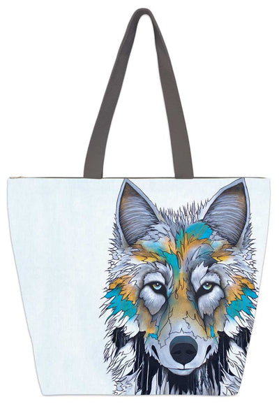 A portrait of a wolf. Set on a tote bag.