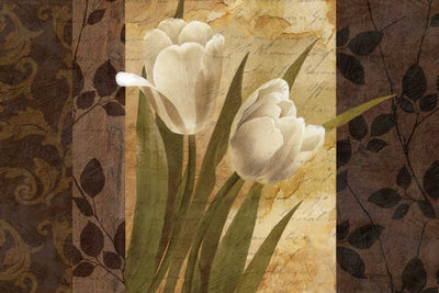 White flowers set on a brown background with darker leaf decals.
