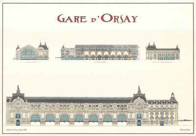 Illustrations depicting the Gare d'Orsay former railway station. Three smaller designs sit above a larger and longer design.