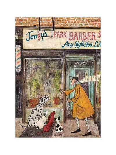 A man in a mustard coat directs four dogs in front of a barber shop.