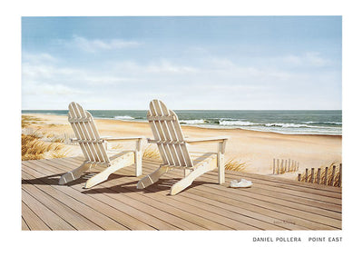 Two white patio chairs on a plank patio. A pair of white shoes sits next to one of the chairs. A beach with crashing waves sits beyond the patio, the sky a pale blue.