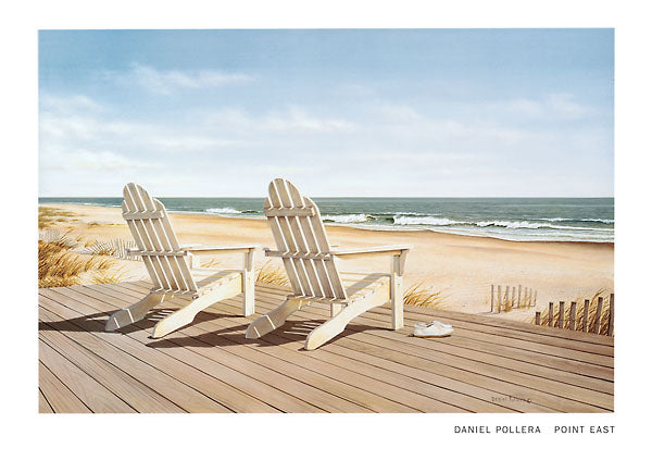 Two white patio chairs on a plank patio. A pair of white shoes sits next to one of the chairs. A beach with crashing waves sits beyond the patio, the sky a pale blue.