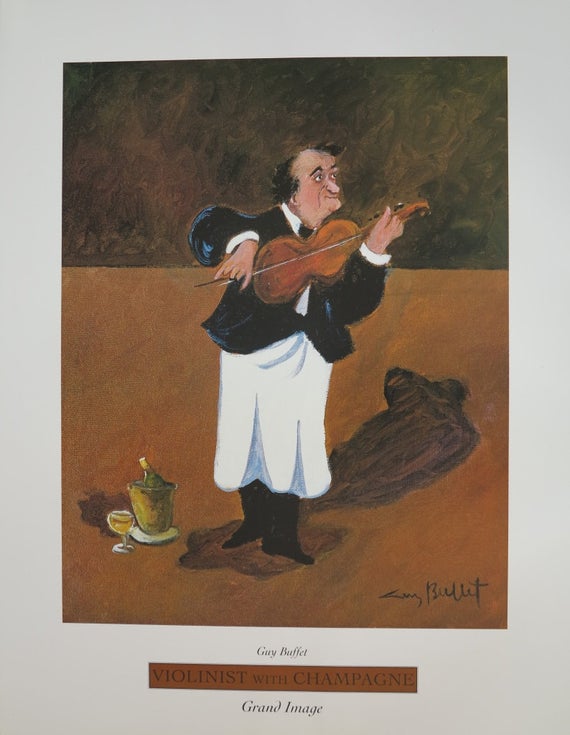 A balding, Caucasian man in a tux and white apron plays a violin. A bottle of champagne sits on a dish with a glass of champagne next to it next to the violinist.
