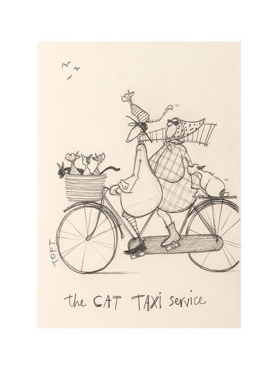 A man in a long coat rides a two-seated bicycle with a woman in a plaid coat. Cats sit in the bike basket while one sits on the man's head. The man's dog sits on the bike of the bike behind the woman.