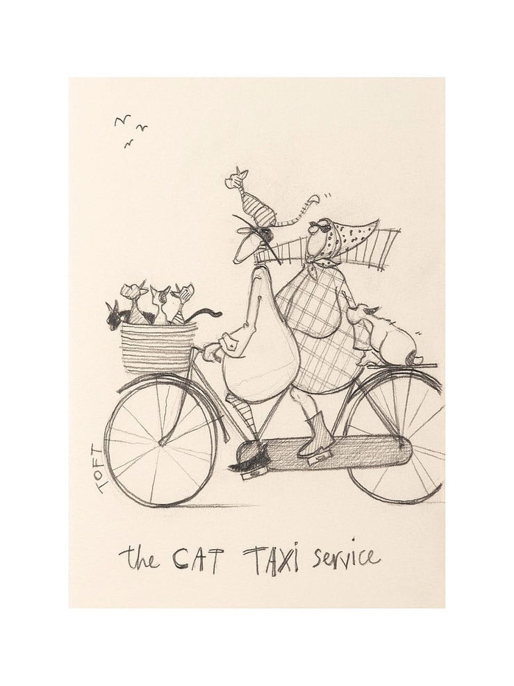 A man in a long coat rides a two-seated bicycle with a woman in a plaid coat. Cats sit in the bike basket while one sits on the man&
