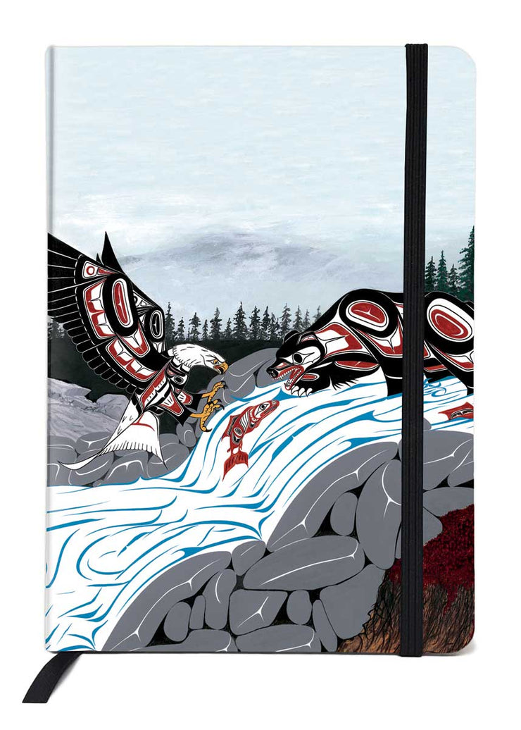A stylized eagle and bear attack a fish swimming upstream. The fish is between the two predators. Printed on a journal.