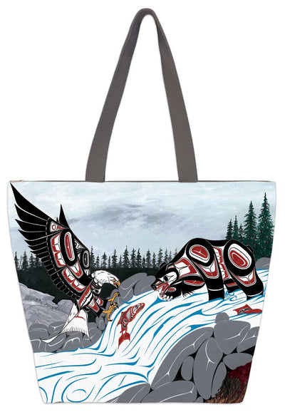 A stylized eagle and bear attack a fish swimming upstream. The fish is between the two predators. Set on a tote bag.