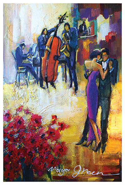 A man and woman dance to a jazz band in the back. The man and jazz players wear suits, white the woman wears a purple dress. Red flowers fill the lower corner.