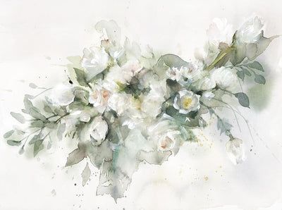 An illustration of white flowers and their green stems, forming a bouquet of white.