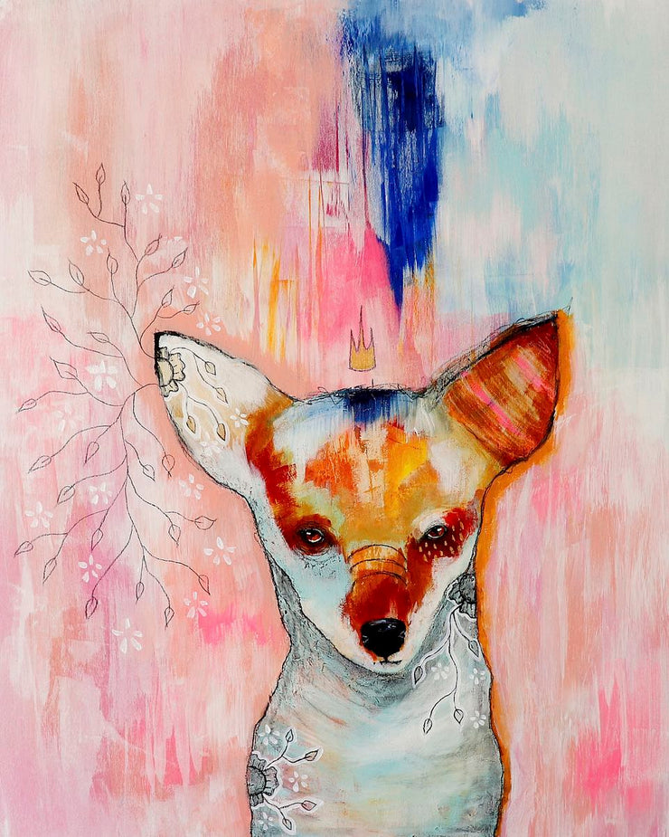 A red fox set on a pink, abstract background. A small crown floats above its head. 