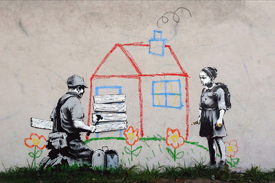 A worker nails boards over the door of a crayon house. All the little girl who drew the house can do is stand and watch. Artwork stenciled onto wall.