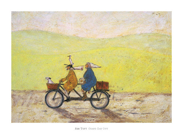 A man and a woman ride a two-seated bicycle. Their dog sits in the bike's basket, while a small duck sits on the man's wide brimmed hat. They cycle past rolling, green hills.