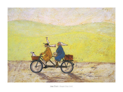 A man and a woman ride a two-seated bicycle. Their dog sits in the bike's basket, while a small duck sits on the man's wide brimmed hat. They cycle past rolling, green hills.