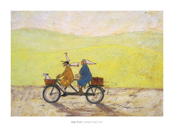 A man and a woman ride a two-seated bicycle. Their dog sits in the bike&