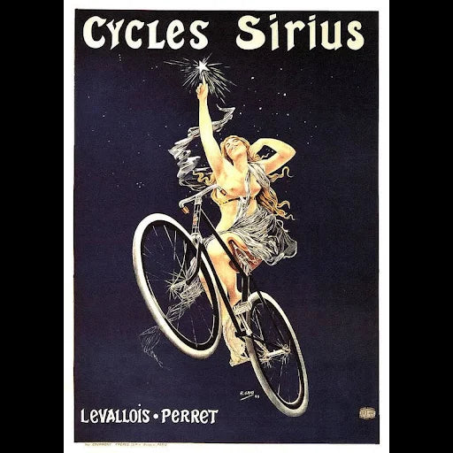 Vintage poster of a woman on a bicycle reaching up to touch a star with text written above and below.