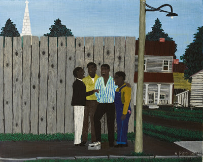 A quartet of young, black men on a corner. They are dressed in collared shirts. They stand in front of a wood fence and light pole. 
