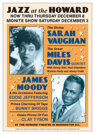 A poster featuring the images of Sarah Vaughan and Miles Davis. Lists the names of performing acts including Vaughan, The Miles Davis Quintet, James Moody featuring Eddie Jefferson, Bunny Briggs, and Clay Tyson.