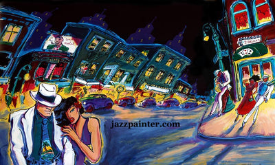 A woman leans on a man in a white suit. They cross the city at night, the dark lit up by the nightlife.